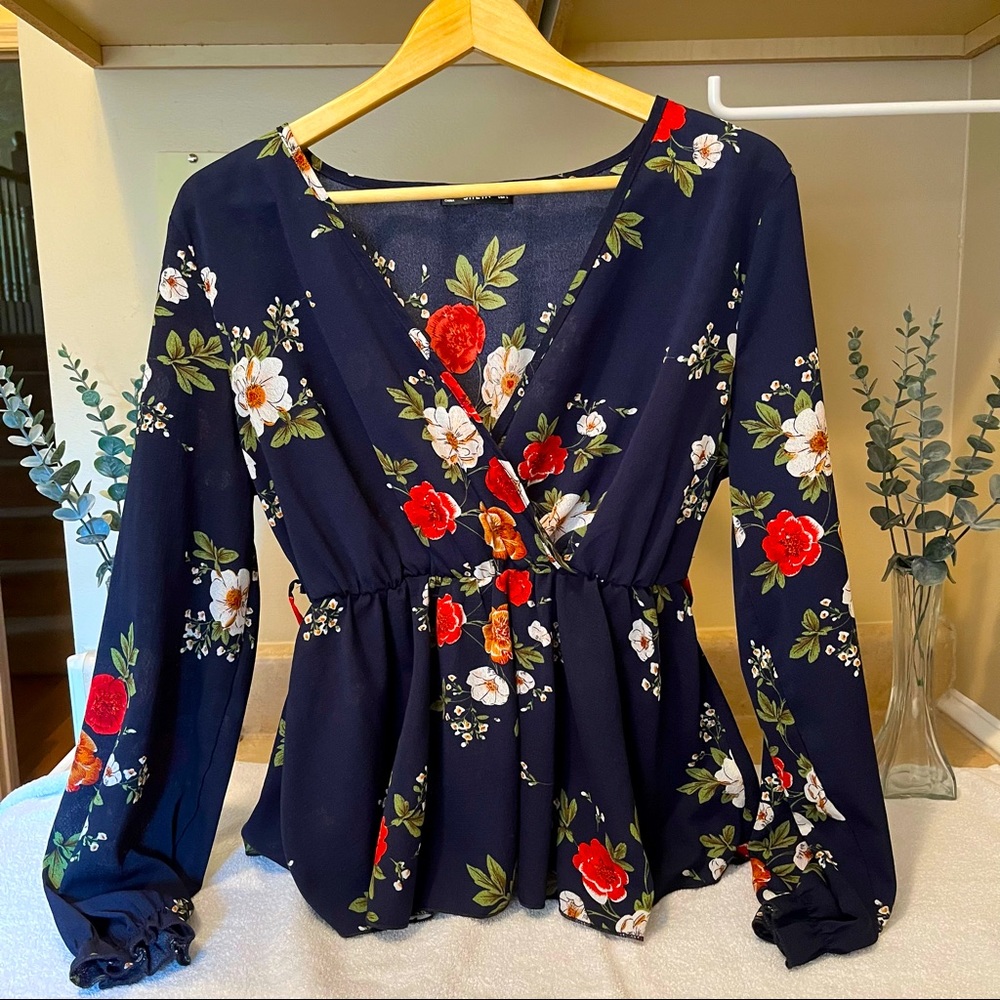 Navy blue floral long sleeve blouse